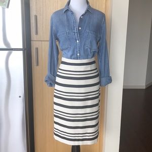 J Crew pencil skirt in navy/off-white stripes.